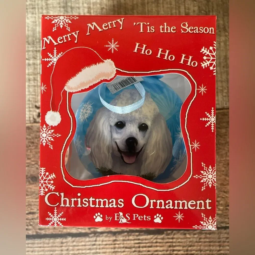 NEW- White Poodle Dog Christmas Ornament Blue Snowflakes Round  E&S Pets